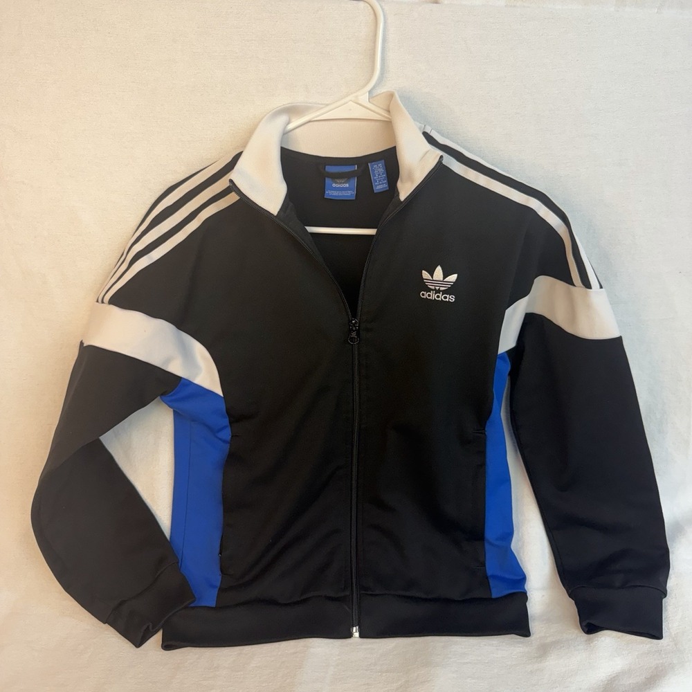 Adidas Track Jacket Boys Medium Sporty Black White Blue